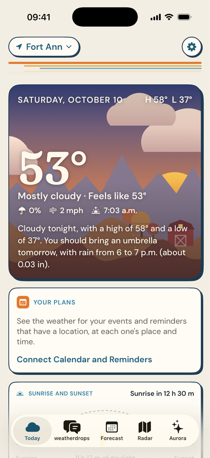 The weatherdrops Home screen: today's weather, the temperature, and a plain description of the day.